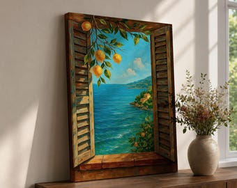 Art mural avec fenêtre citron, fenêtre méditerranéenne encadrée sur toile, paysage côtier, cuisine, décoration d'intérieur