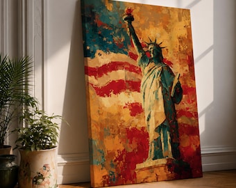 Statue of Liberty Wall Art American Flag Framed Canvas Patriotic Abstract USA Decor
