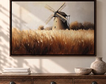 Windmill Wall Art, Rustic Countryside Canvas, Wheat Field Landscape, Neutral Farmhouse Wall Decor