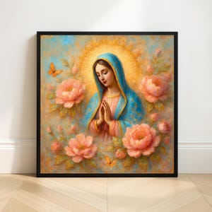 Jungfrau Maria von Guadalupe Kunstdruck: Florales Pastell katholisches Dekor (Digitaler Download)