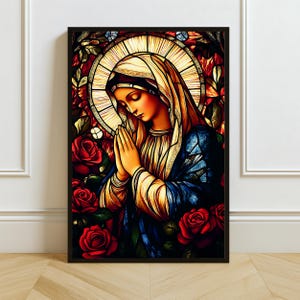 Virgin Mary Stained Glass Art Print: Catholic Floral Christian Wall Decor (Digital Download)