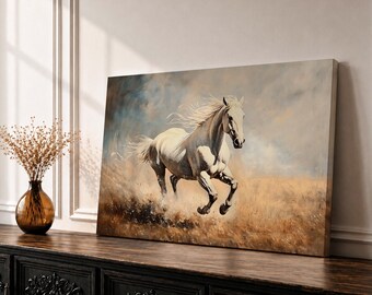 White Stallion Wall Art Mustang Framed Canvas Wild Spirit Running Western Rustic Home Decor