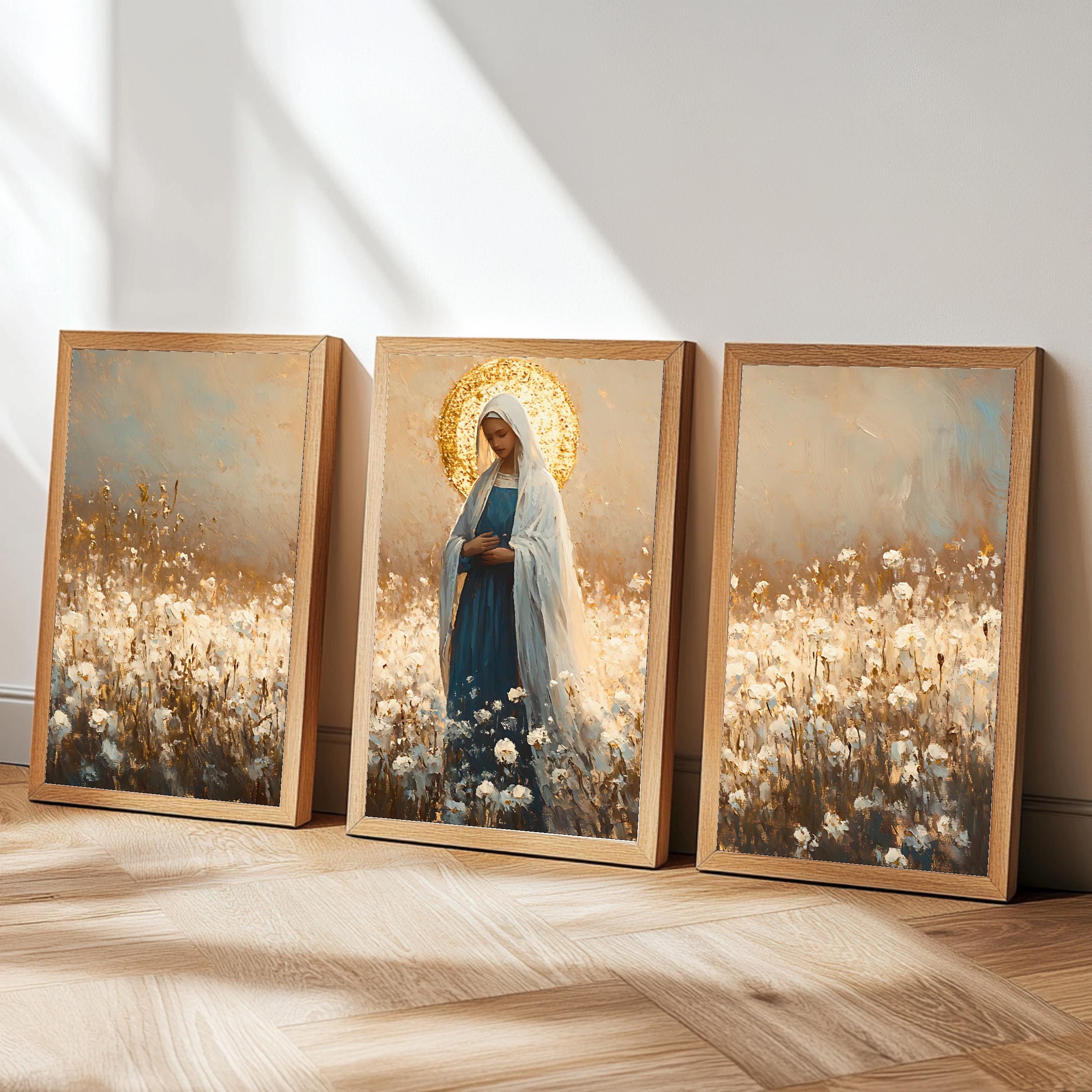 Virgin Mary Triptych Vintage Art Print: Sacred Floral Catholic Christian (Digital Download)