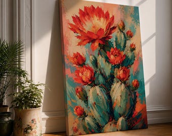 Cactus Flower Canvas Wall Art, Colorful Desert Botanical Print, Prickly Pear Cactus Art, Southwest Decor, Boho Floral Wall Art