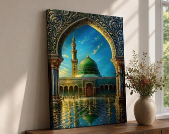 Masjid Nabawi Wall Art, Green Dome Canvas Print, Islamic Home Decor
