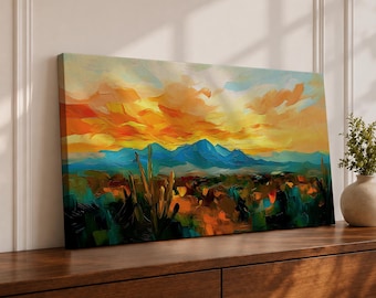 Desert Sunset Panoramic Wall Art Southwest Landscape Extra Wide Framed Canvas Cactus Mountains Decor