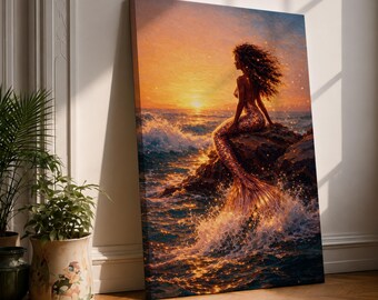 Black Mermaid Canvas Wall Art, Black Woman Mermaid Print, Ocean Goddess Art, Fantasy Mermaid Decor, Sunset Coastal Wall Art