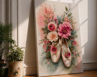 Ballet Shoes Wall Art Floral Bouquet Framed Canvas Pointe Shoes Watercolor Nursery Decor