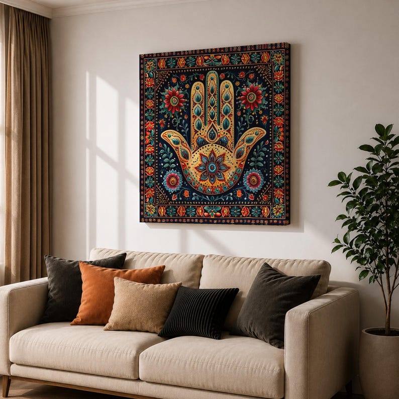 Hamsa Hand Wall Art Evil Eye Framed Canvas Khamsa Persian Boho Protection Home Decor