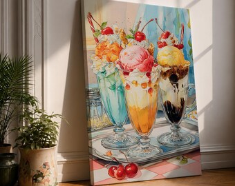 Ice Cream Sundae Wall Art Cherry Topped Framed Canvas Dessert Kitchen Decor