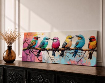 Long Horizontal Colorful Bird Wall Art, Tropical Birds Canvas