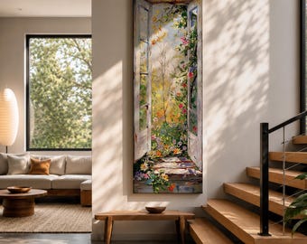 Tall Narrow Window Wall Art, Colorful Floral Garden Canvas, Vertical Botanical Decor