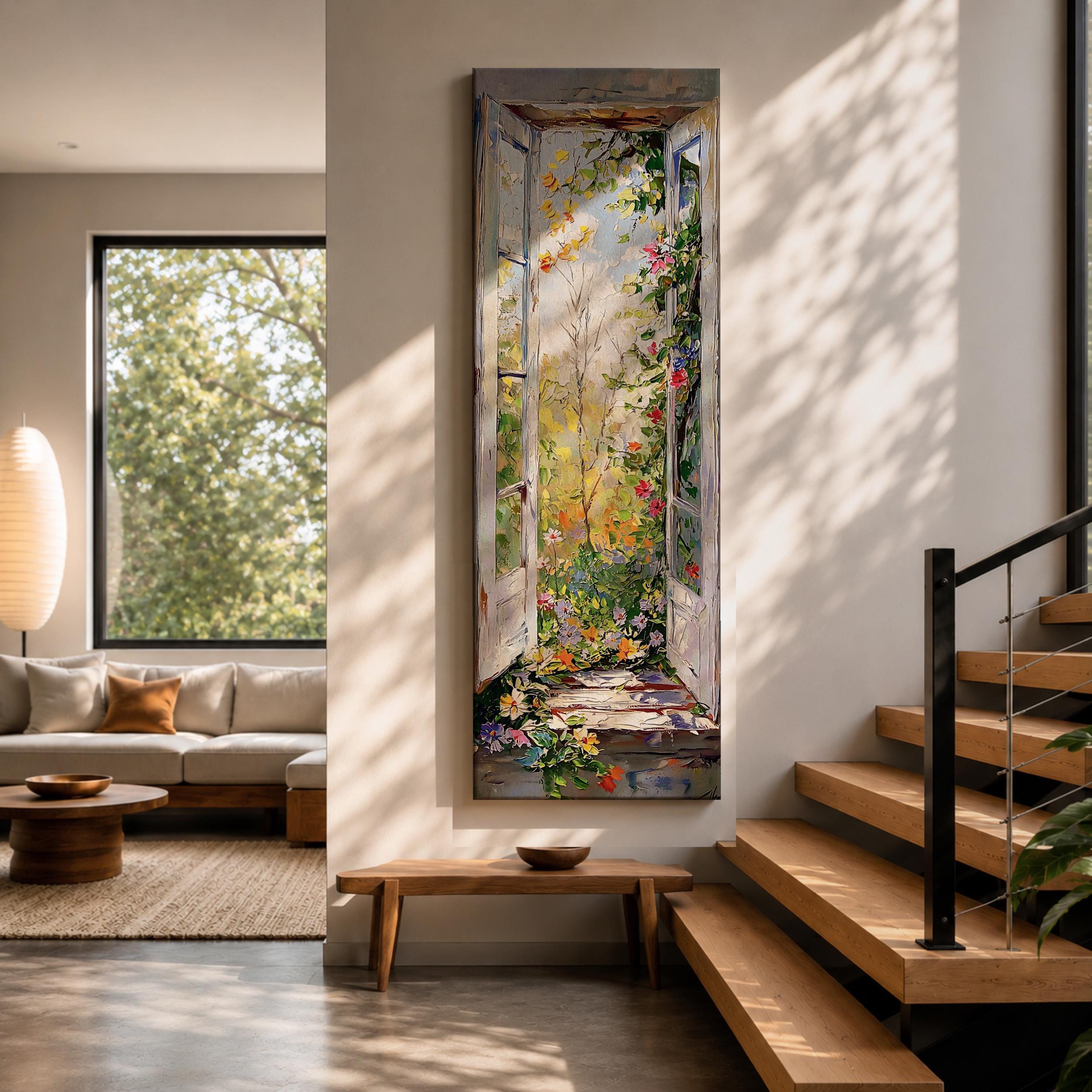 Tall Narrow Window Wall Art, Colorful Floral Garden Canvas