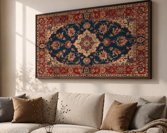 Persian Rug Canvas Print, Panoramic Extra Wide Islamic Wall Art, Vintage Oriental Floral Medallion