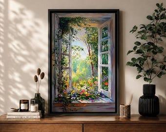 Open Window Wall Art, Garden View Canvas Print, Cottagecore Wall Decor, Floral Landscape Artwork