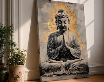 Buddha Wall Art, Meditation Canvas Art, Zen Wall Decor, Spiritual Buddha Painting, Gold and Neutral Yoga Room Art, Buddhist Home Decor