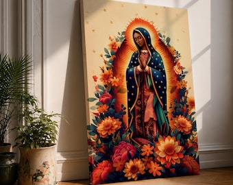 La Guadalupana Wall Art Lady of Guadalupe Framed Canvas Mexican Catholic Altar Floral Decor