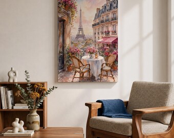 Paris Balcony Canvas, Eiffel Tower Wall Art, French Cityscape Painting, Romantic Home Decor
