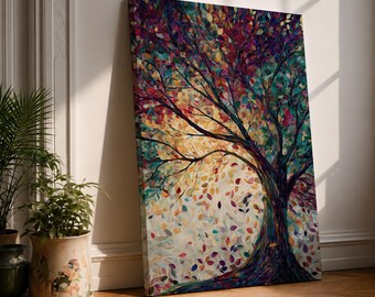 Colorful Tree of Life Canvas Wall Art, Abstract Tree Painting, Vibrant Nature Decor, Boho Botanical Wall Art, Whimsical Tree Canvas