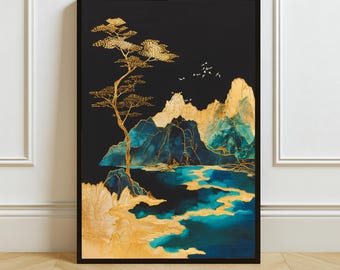 Golden Mountain Landscape Art Print: Modern Abstract Decor