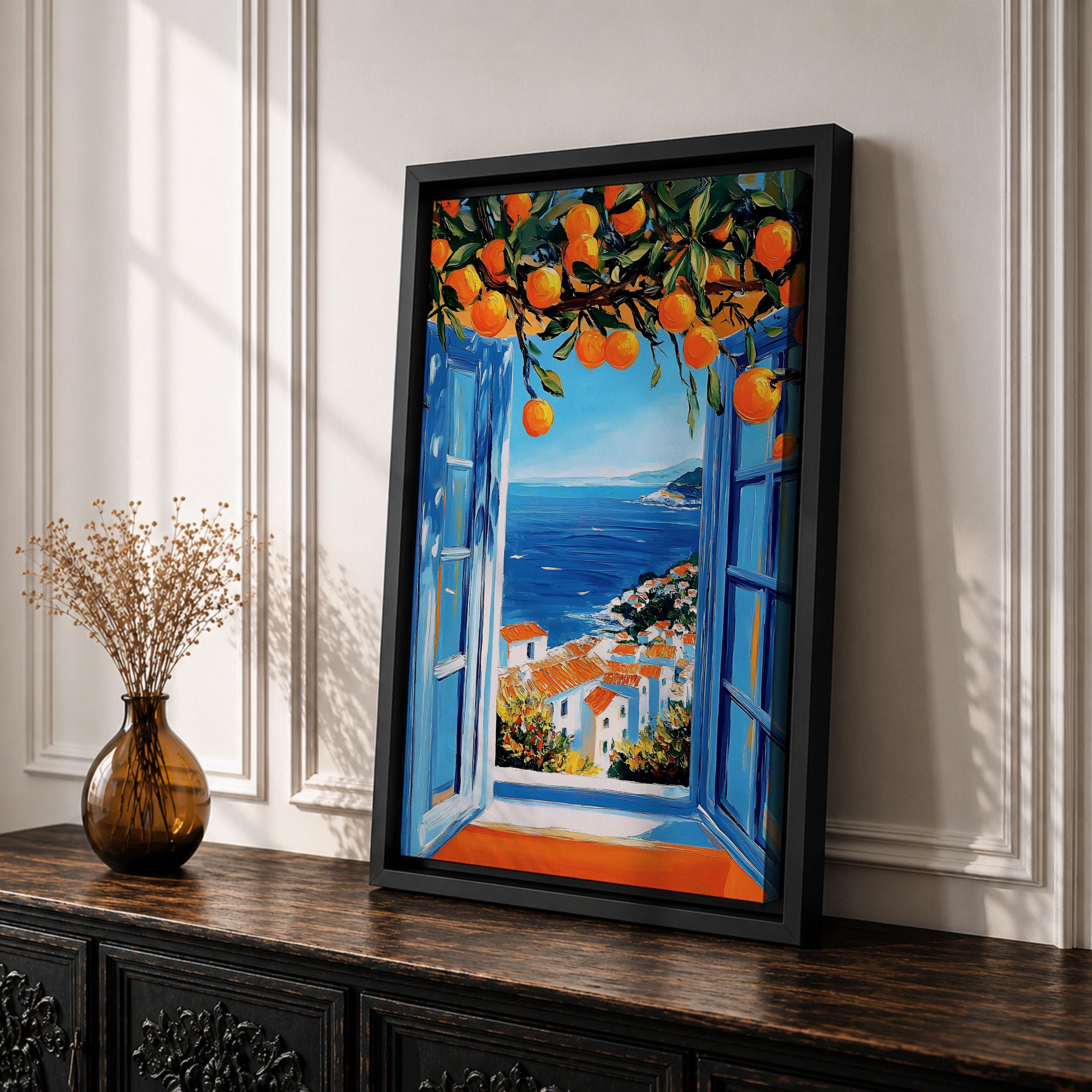Amalfi Coast Wall Art, Mediterranean Window View, Orange Tree