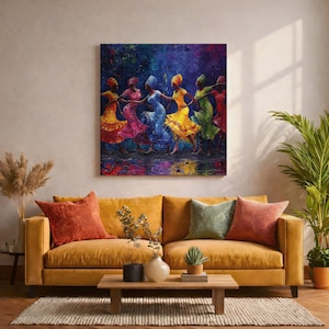 African Dance Wall Art Tribal Rhythm Framed Canvas Traditional Culture Impasto Ethnic Decor