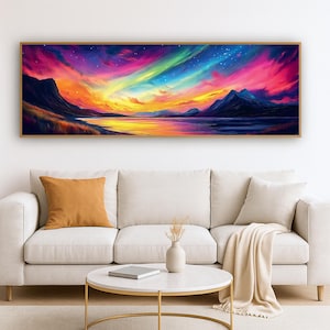 Aurora Borealis Wandkunst, lange, schmale Nordlichter Druck, Panorama übergroß über Bett oder Sofa-Dekor, breiter, bunter Nachthimmel