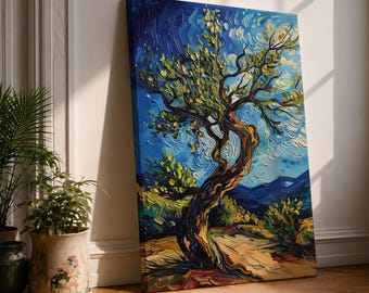 Olive Tree Wall Art Mediterranean Cypress Framed Canvas Impasto Landscape Rustic Living Room Decor