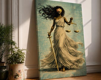 Black Lady Justice Canvas Wall Art, Black Woman Themis Painting, Vintage Goddess of Justice Art, Lawyer Office Decor, Legal Attorney Gift