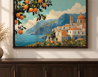 Amalfi Coast Canvas Wall Art, Italian Coastal Landscape, Orange Tree, Mediterranean Italy Home Decor