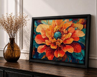 Cuadro de peonías en lienzo enmarcado con diseño floral abstracto de jardín botánico para sala de estar y decoración del hogar.