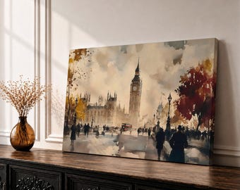 London Wall Art, Big Ben Canvas Print, Westminster Cityscape, Watercolor London Decor