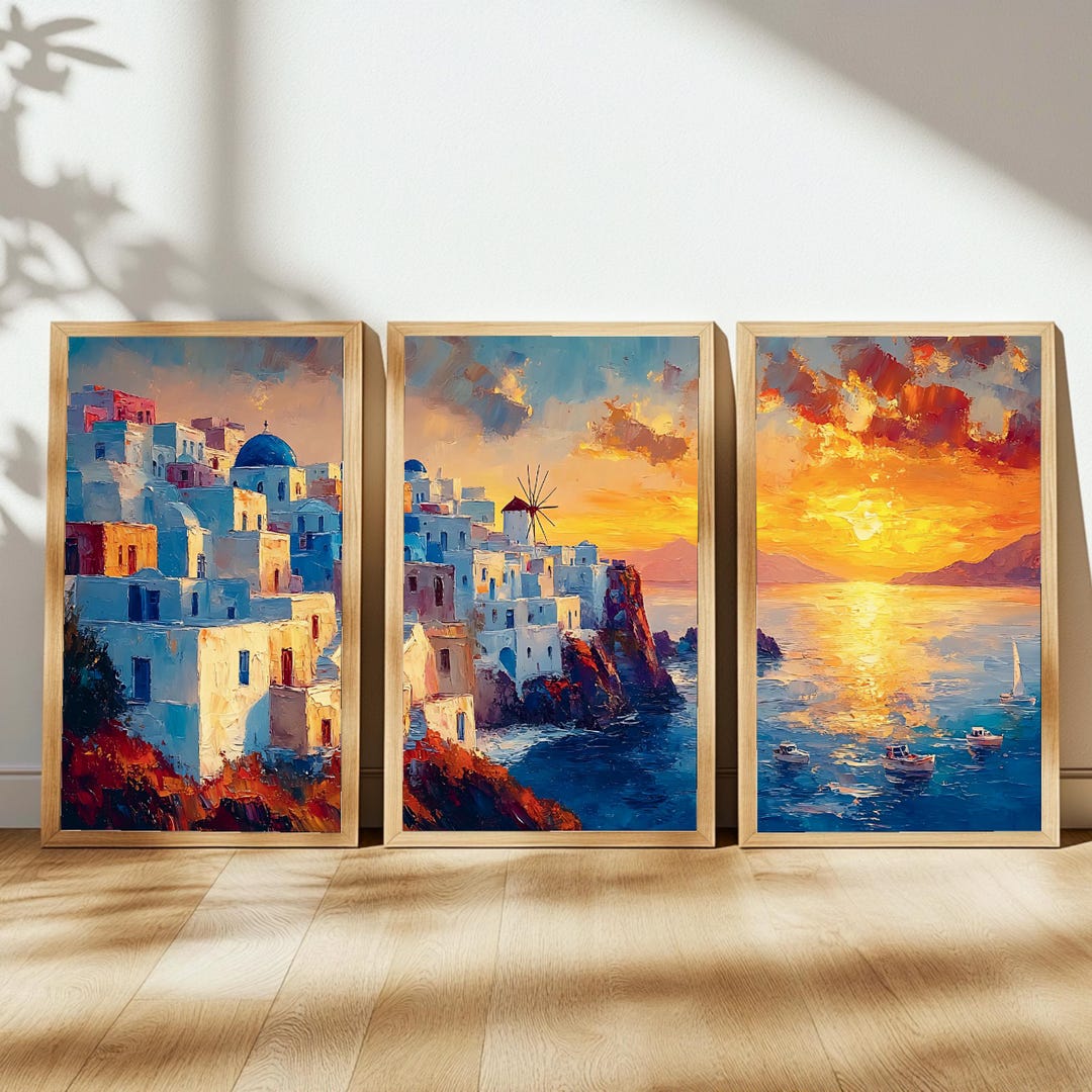 Santorini Sunset Triptych Wall Art Print Set of 3 | Vibrant Greek ...