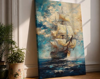 Vintage Sailing Ship Wall Art, Nautical Canvas Print, Coastal Ocean Decor, Tall Ship Painting, Blue Sea Wall Art, Maritime Home Decor