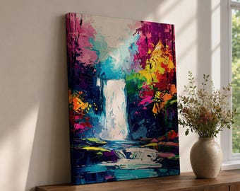 Waterfall Wall Art Cascade Framed Canvas Colorful Forest Landscape Impasto Modern Home Decor