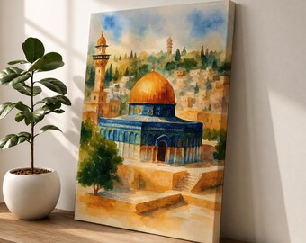 Dome of the Rock Canvas Wall Art, Jerusalem Watercolor Painting, Palestine Islamic Home Decor