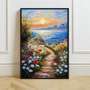 Coastal Sunset Path Impasto Print: Vibrant Scenic Landscape Coastal Decor (Digital Download)