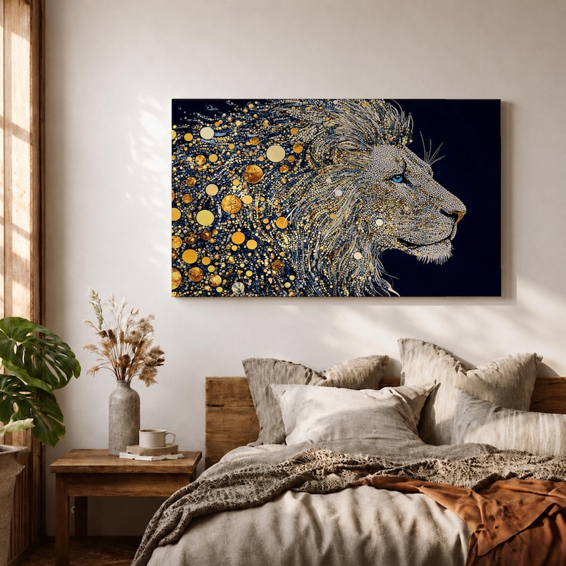 Lion Wall Art Big Cat Framed Canvas Wildlife Mosaic Majestic Safari Bedroom Decor