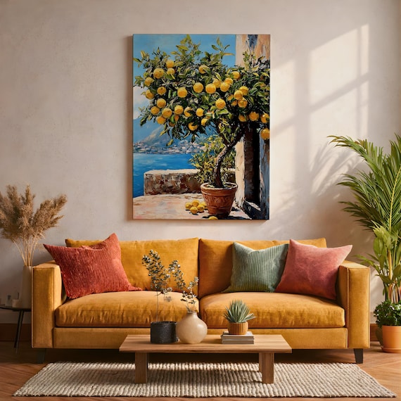 Mediterranean Lemon Tree Wall Art Coastal Citrus Framed Canvas