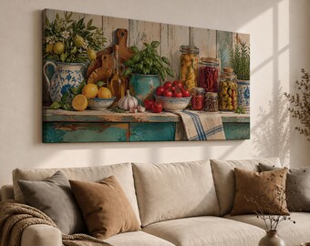 Mediterranean Kitchen Canvas Print, Panoramic Extra Wide Rustic Still Life, Vintage Italian Farmhouse Painting
