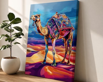 Colorful Camel Wall Art Canvas Print, Desert Camel Painting, Boho Animal Decor, Modern Moroccan Artwork, Southwestern Living Room Wall Art