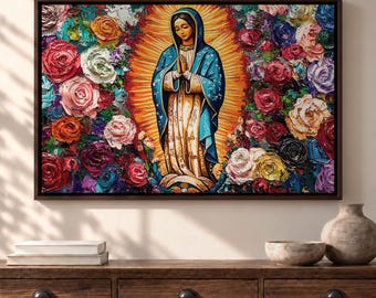 Our Lady Guadalupe Wall Art, Catholic Canvas Print, Colorful Floral Madonna Painting, Christian Decor