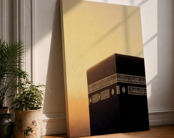 Quadro da parete con vista del tramonto sulla Kaaba, su tela incorniciata, Masjid al Haram, Mecca, decorazione islamica minimalista.