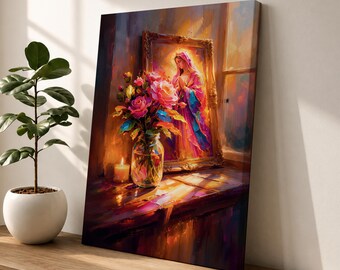 Virgin Mary Wall Art Madonna Portrait Framed Canvas Floral Candlelight Altar Christian Religious Decor
