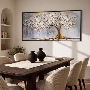 Baum Leben Panorama Wand Kunst Heilige Laube Extra Breit Gerahmt Leinwand Weiß Gold Dekor