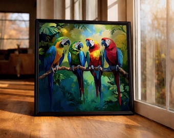 Papegaai muurkunst ara ingelijst canvas tropische vogel wildlife exotische boho woondecoratie