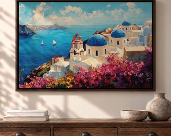 Santorini Wall Art, Greece Canvas, Greek Island Painting, Mediterranean Coastal Art, Blue Dome Decor