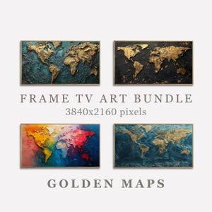 Luxe wereldkaart kunstset, lijst tv-kunstbundel, Samsung frame tv kunst, instant download, gouden kaart wanddecoratie