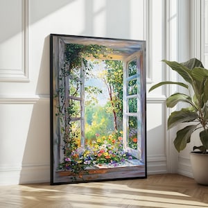 Stampa artistica con finestra da giardino, decorazione da parete con finestra aperta, dipinto di paesaggio floreale, arte da parete Cottagecore, arredamento per la casa ispirato alla natura
