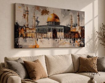 Dome of the Rock Wall Art, Panoramic Jerusalem Mosque Canvas Print, Islamic Architecture Painting, Palestine Muslim Home Decor